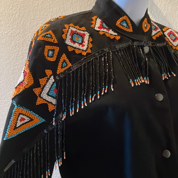 Vintage Southwest Native inspired western beaded fringe jacket black turquoise - Picture 8 of 13